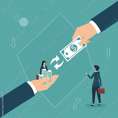Businessmen exchanging money, illustrating investment and finance concepts.