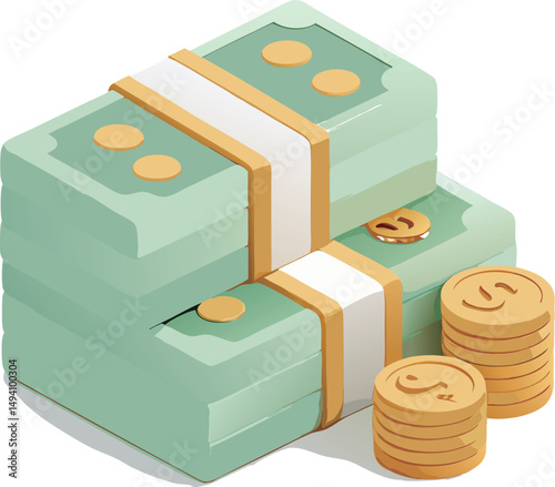 Stacks of money with coins, symbolizing wealth and financial success.