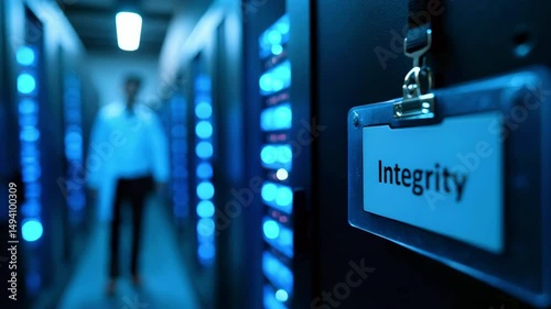 A technician walking through a data center, focusing on server integrity and security measures