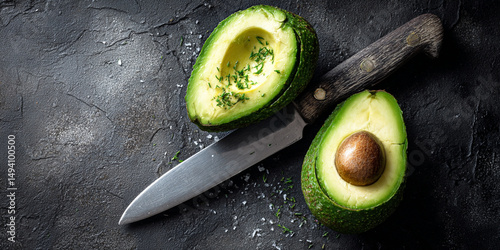 Medio aguacate en primer plano con cuchillo, dieta saludable y alimentación generativa IA

