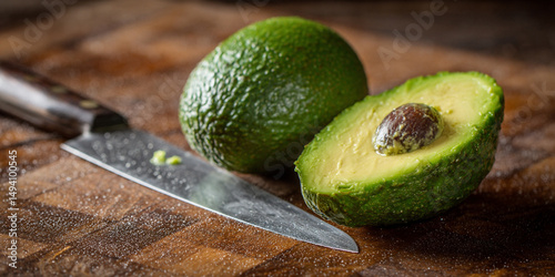 Medio aguacate fresco cortado con cuchillo de cocina sobre fondo de madera rústico generativa IA