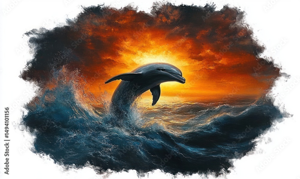 Fototapeta premium A dolphin leaping out of turbulent ocean waves under a dramatic orange sunset sky, surrounded by dark clouds and splashing water