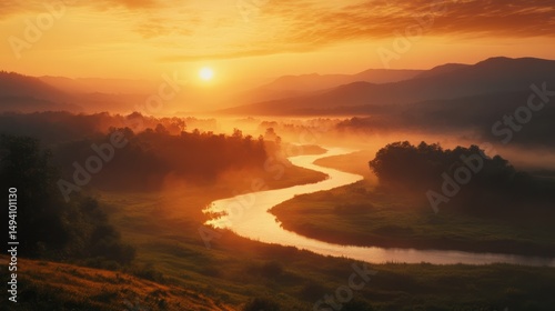 Majestic River Valley at Sunrise Bathed in Golden Mist and Mountain Silhouettes
