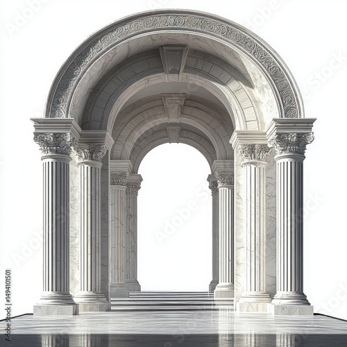 A grand marble archway with ornate carved details and classical Corinthian columns illuminated by soft natural light