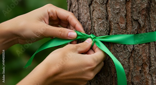Hands Tying Green Ribbon Around Tree Trunk Nature Conservation Concept