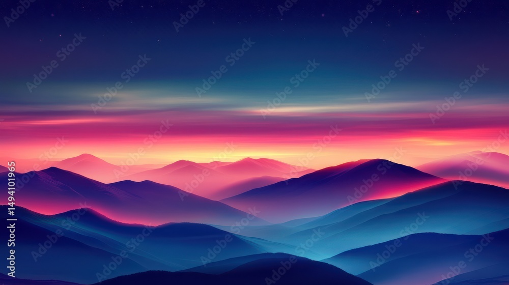 Obraz premium Vibrant sunset over misty mountain range, starry night sky, landscape wallpaper