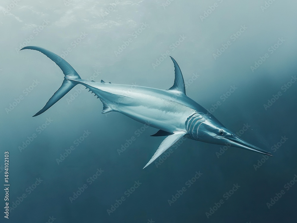 Fototapeta premium Swordfish glides gracefully underwater