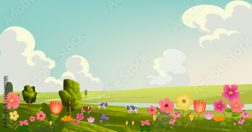 Flowers and plants, grass, meadow blooming wildflowers field blossom landscape vector. Summer, spring panorama.