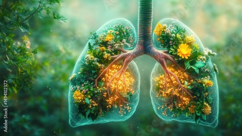 Transparent human lungs filled with vibrant yellow flowers and lush green plants symbolizing health and nature
