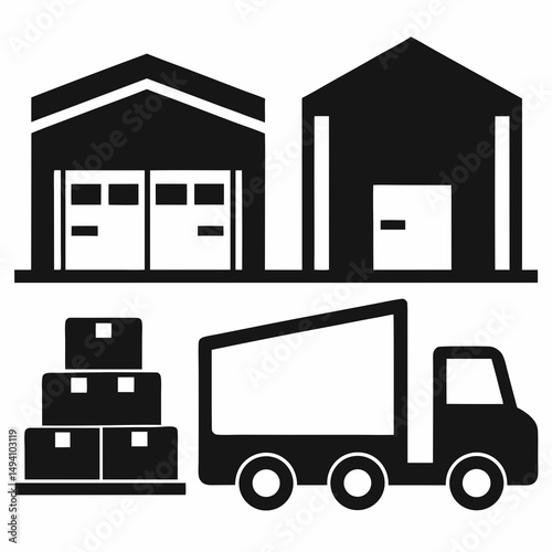 Warehouse logistics truck boxes and buildings
