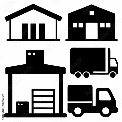 Warehouse logistics icons buildings and trucks