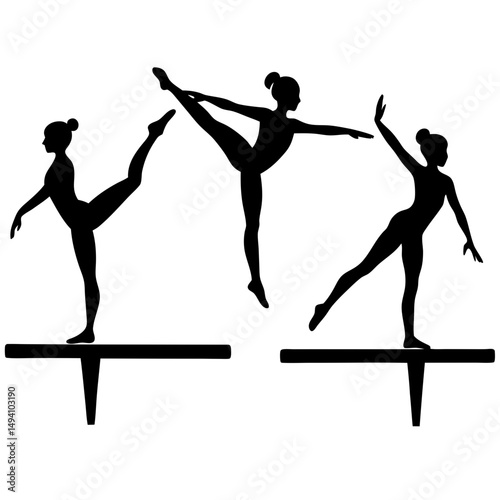 Gymnast silhouettes on balance beams