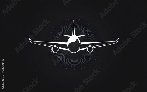 Minimalist white airplane front view illustration on dark background with circular dotted pattern