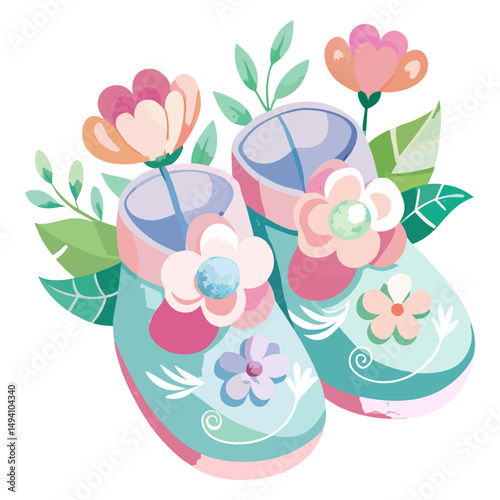 A charming watercolor illustration of two baby shoes or booties adorned with delicate pink and purple flowers and green leaves, symbolizing new beginnings and softness.