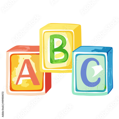 A playful watercolor illustration of three colorful alphabet blocks, spelling "ABC," with distressed textures, on a white background.