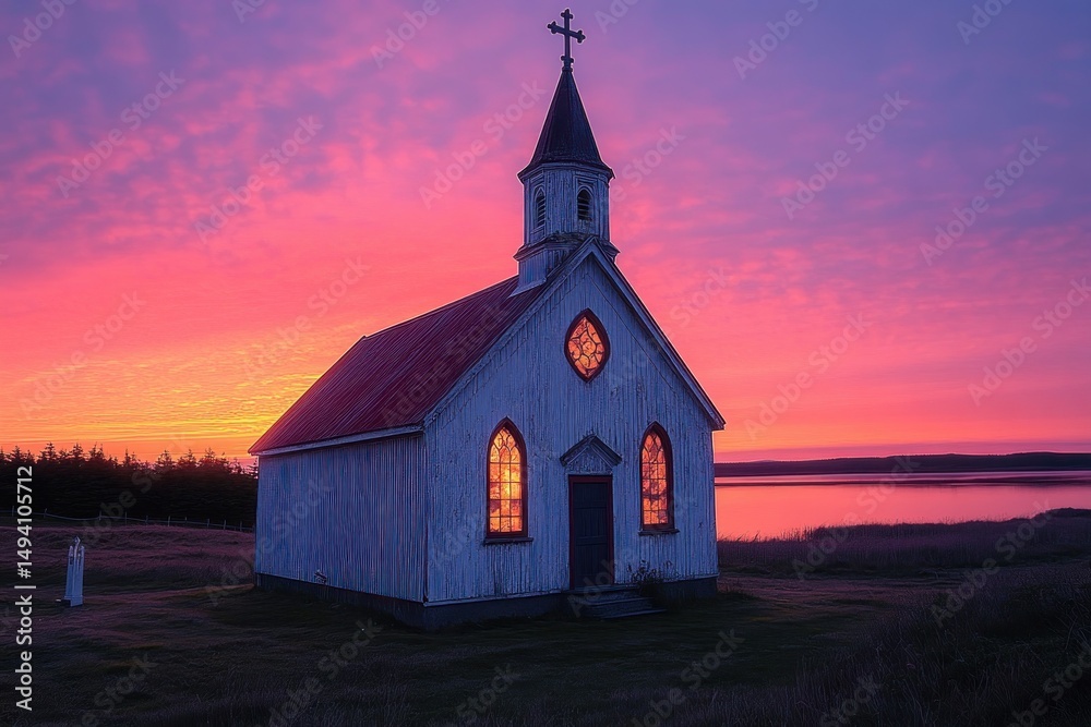 Fototapeta premium Small white wooden church with stained glass windows glowing at sunset beside a calm lake under a vibrant pink and purple sky