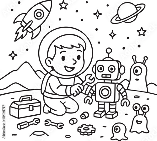 Little Boy Astronaut Floating in Space – Coloring Page for Kids