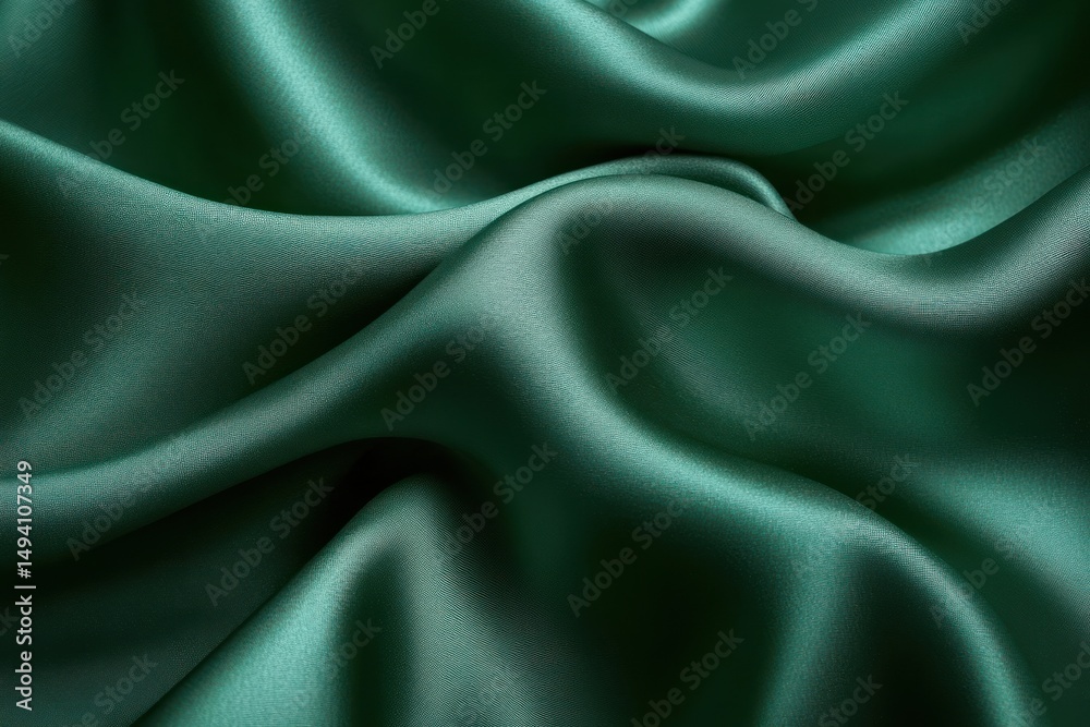 Fototapeta premium Smooth dark green satin fabric with light reflections creating soft folds and a luxurious, elegant texture