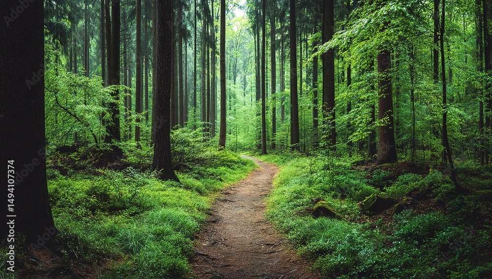 Fototapeta premium Forest Path Through Lush Green Trees