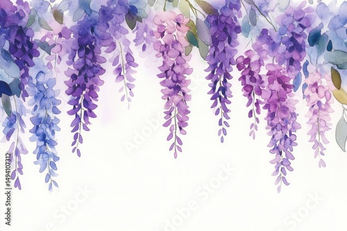 Fototapeta Naklejka Na Ścianę i Meble -  Delicate hanging clusters of purple and blue wisteria flowers with green leaves painted in soft watercolor style against a white background