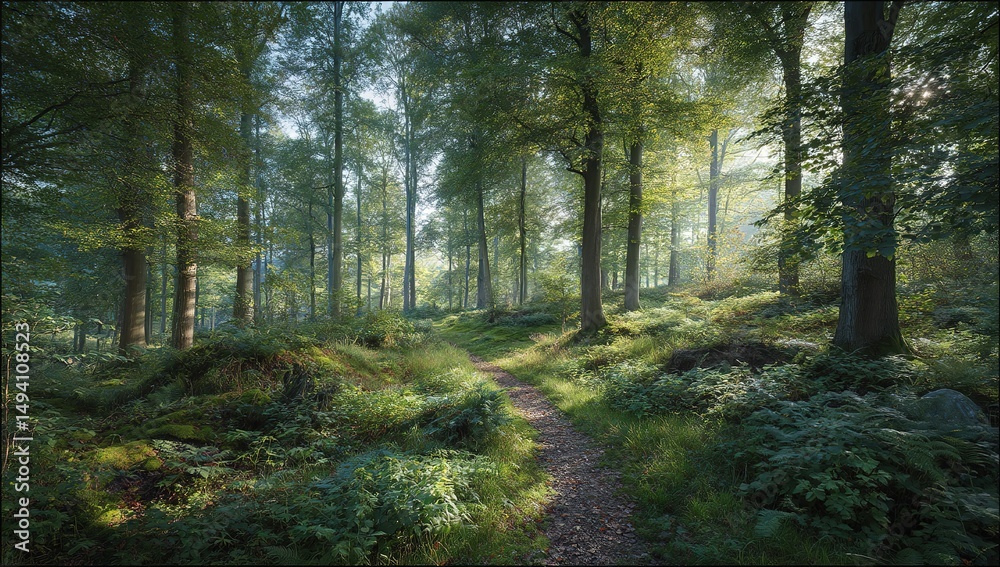 Fototapeta premium Sunlit Forest Pathway Through Lush Undergrowth