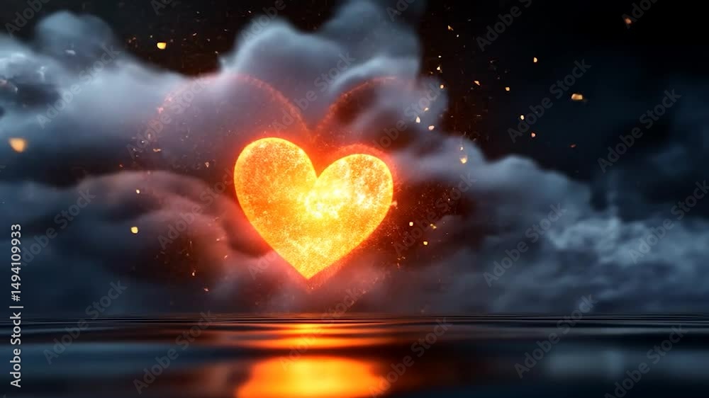 Animated glowing heart shape amid smoky atmosphere over water reflecting light. Romantic concept with fiery particles and a dark backdrop evoking passion and emotion.
