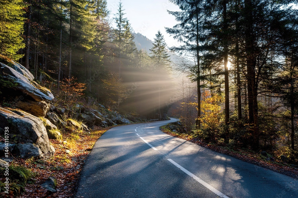 Obraz premium Autumn Forest Road With Sunlight Rays