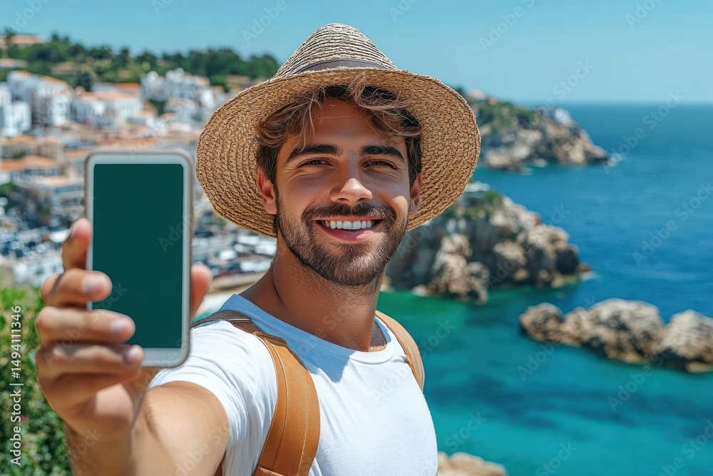 Fototapeta premium smiling young man wearing a straw hat and white t-shirt taking a selfie with his smartphone by the clear blue ocean with rocky coastline and white buildings in the background on a sunny day