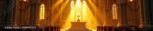 Golden light streams through stained glass, illuminating a majestic, ornate golden altar Spiritual, divine, heavenly radiance bathes the sacred space in ethereal glow , spiritual, ornate