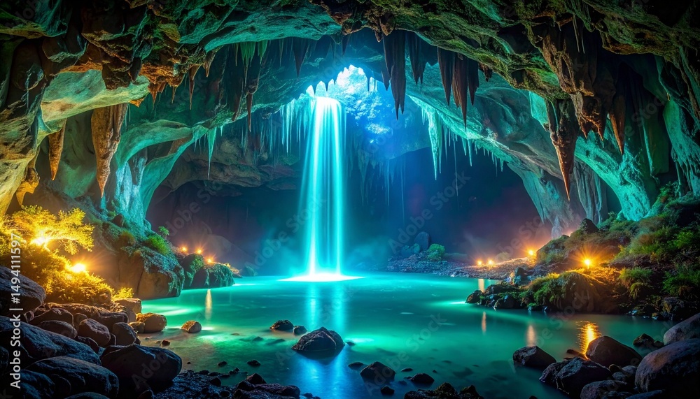 Fototapeta premium Surreal Glowing Waterfall Cave Turquoise Lake and Magical Lights