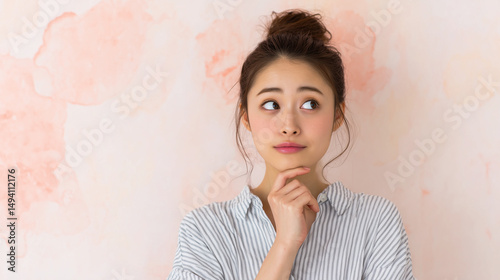 アイデアを考える日本人の若い女性のポートレート（背景：水彩風の優しい抽象模様）