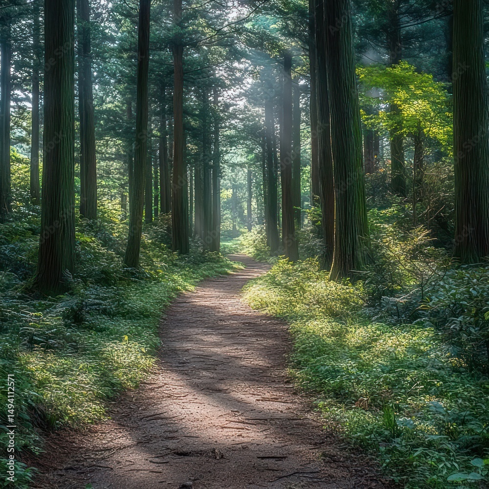 Fototapeta premium Sunlit forest path winding through tall trees with lush green undergrowth creating a peaceful and serene atmosphere