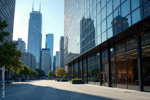 Modern Chicago office building exterior, showcasing its sleek architecture and city skyline view , building, urban landscape, glass