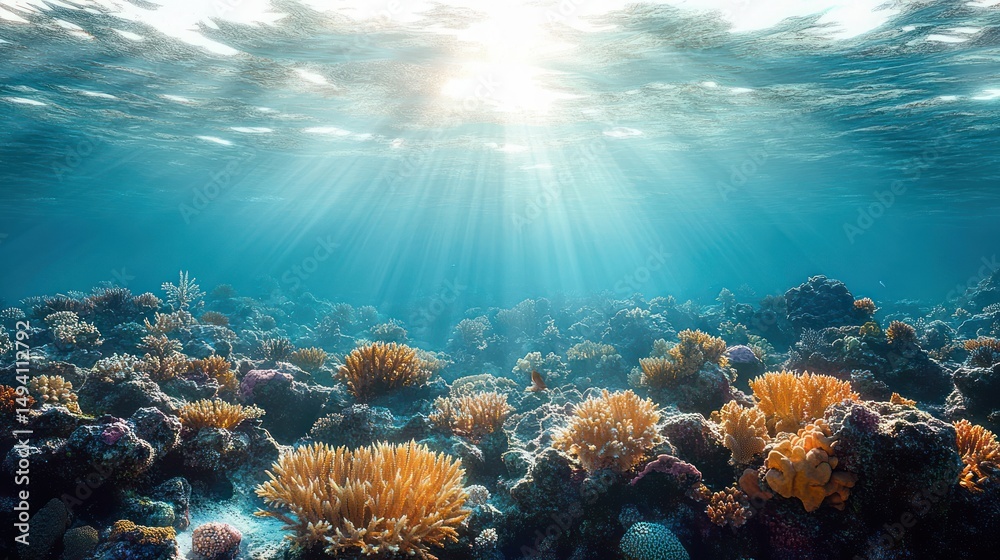 Fototapeta premium Underwater scene of vibrant coral reef illuminated by sunlight rays penetrating clear blue ocean water