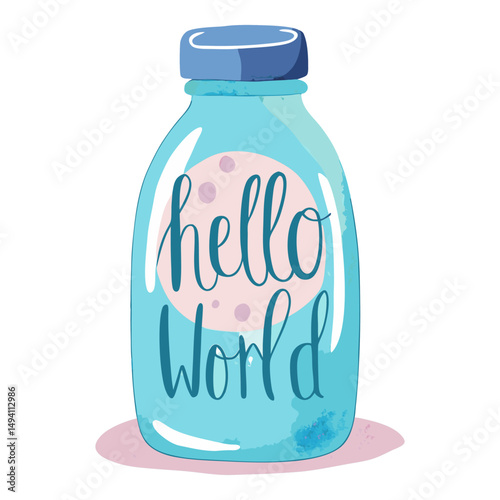 Cute blue bottle illustration with "hello world" text, whimsical, inviting.
