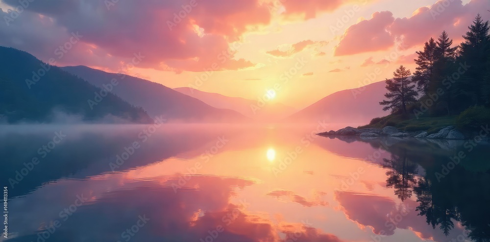Fototapeta premium Serene sunrise over a tranquil lake, reflecting soft pastel colors A peaceful and uplifting image evoking feelings of spiritual connection and inner calm , quiet, calm, serenity