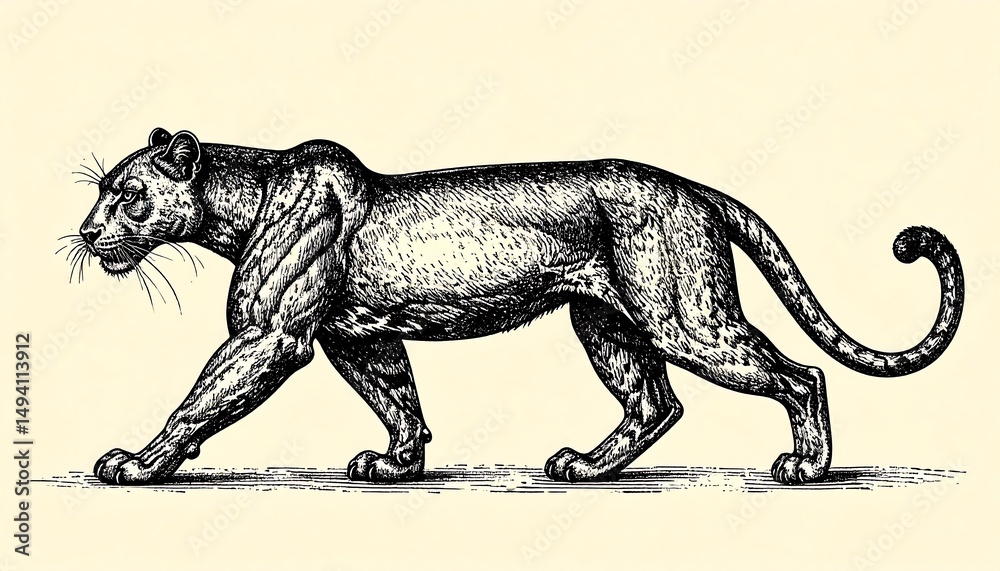 Fototapeta premium Black Panther Walking, Vintage Engraving - Vintage illustrations