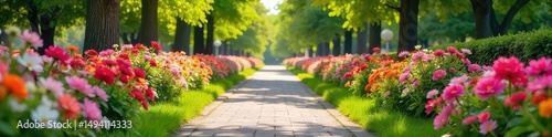 Vibrant flowerbeds bursting with color adorn a picturesque park pathway, creating a cheerful and inviting atmosphere Perfect for spring, summer, or general park ambiance imagery , blossom, decoration