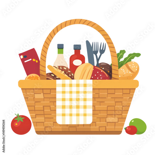 Picnic Basket With Food Items In Flat Design On isolated on a transparent background. High quality PNG, commercial use.