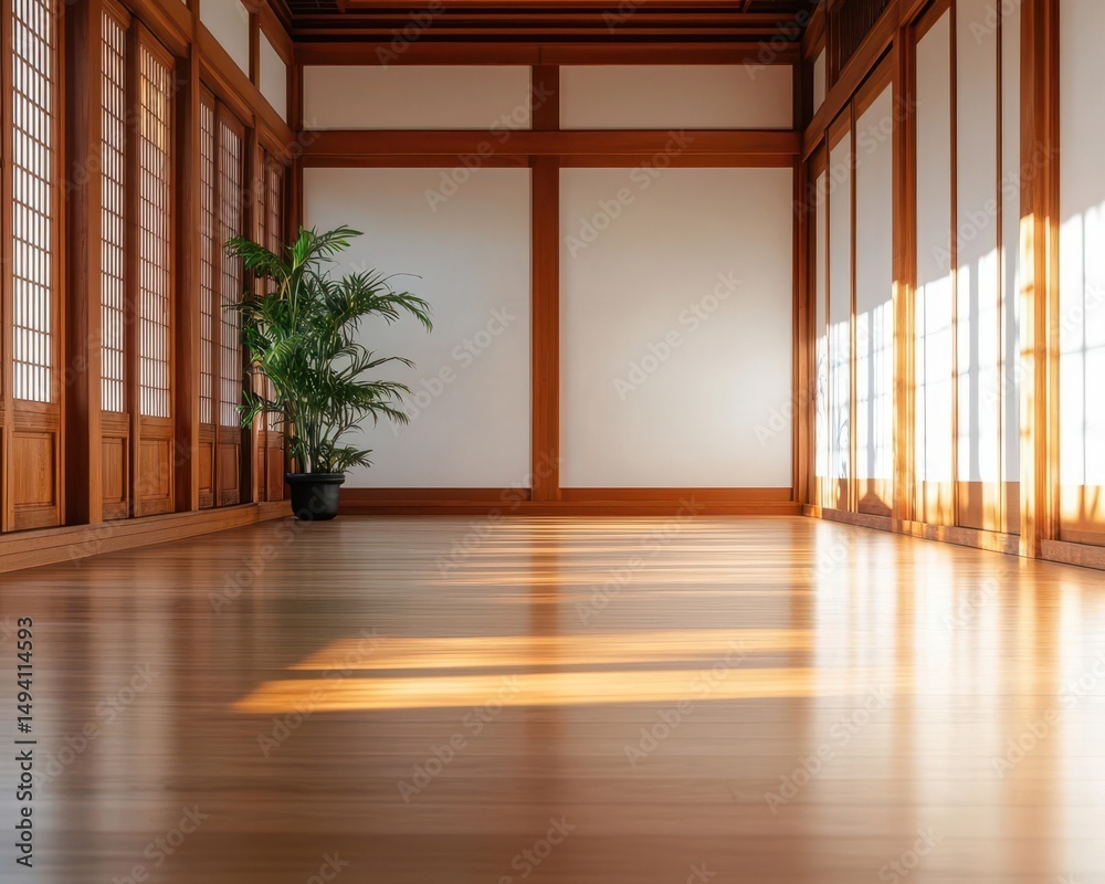 Fototapeta premium Sunlit shojilined hallway in a classic Japanese house, offering a soft, diffused glow throughout the space