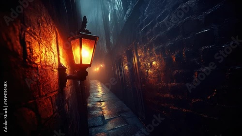 Mysterious Foggy Alley with Lanterns Illuminating Dark Pathway in Historic Urban Environment