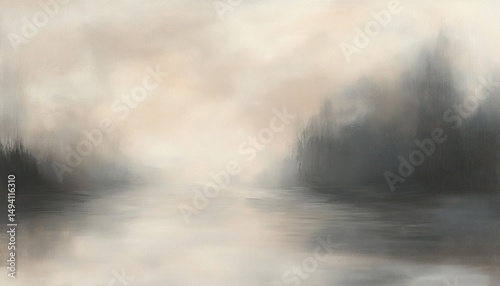 misty river landscape with blurred trees on both sides under a cloudy sky evoking calm and mystery