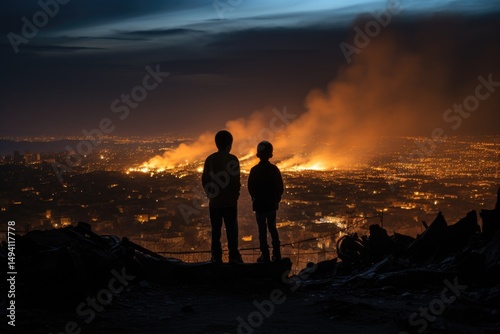 Two children in ruins - fiery city, war devastation, apocalyptic vision, hostile world, destruction imagery, military conflict, urban collapse, burning wreckage, end of days, survival struggle.