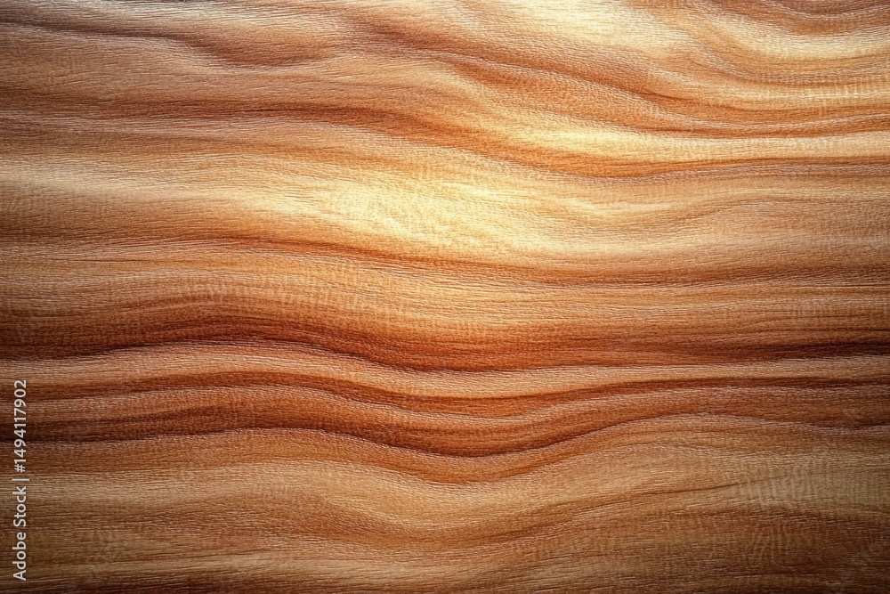 Naklejka premium Close-up of textured natural wood grain with warm brown and honey tones showing undulating patterns and fine fibrous details