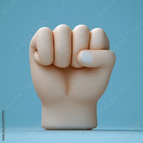 3D rendered realistic human hand closed into a fist on a neutral bluish background expressing strength and determination