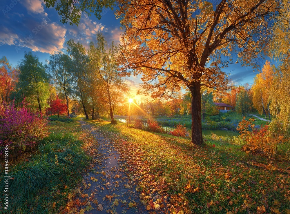 Naklejka premium Autumn Park Path at Sunset