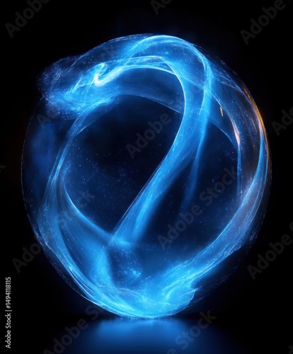 Glowing blue light trails swirling in a circular motion against a dark background creating an ethereal and dynamic visual effect