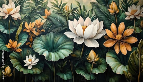 Detailed close-up view of diverse blooming lotus flowers with large green leaves and yellow-orange petals creating a lush, vibrant, and serene natural scene