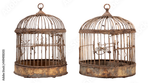 Two Rusty Birdcages on Transparent Background

