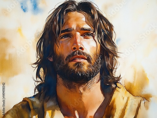 Close-up portrait of a man with long hair and beard looking upward with a contemplative and hopeful expression, warm light highlighting his features